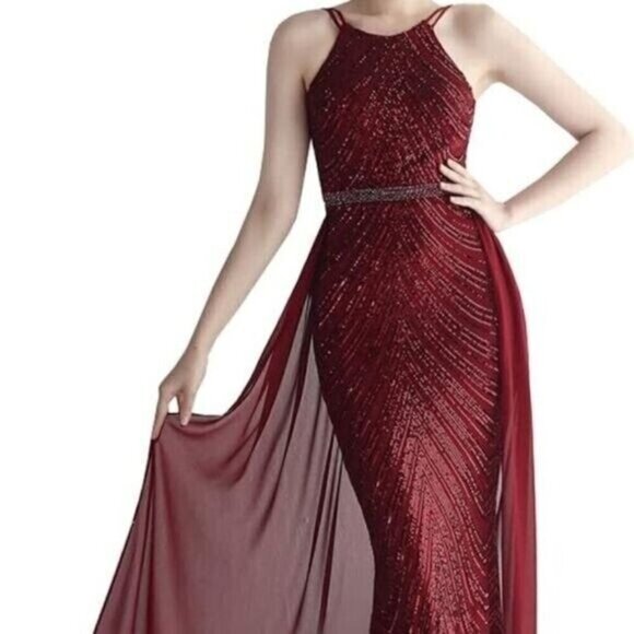 Burgundy,  O Neck, Sleeveless,  Detachable Skirt,  Sequined Mermaid Gown - Picture 8 of 16